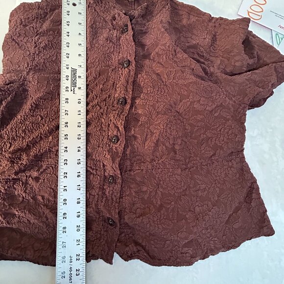URU Womens Textured Floral Pattern Silk Button-Up Shirt Jacket Maroon 3/4 Sleeve - Picture 7 of 8